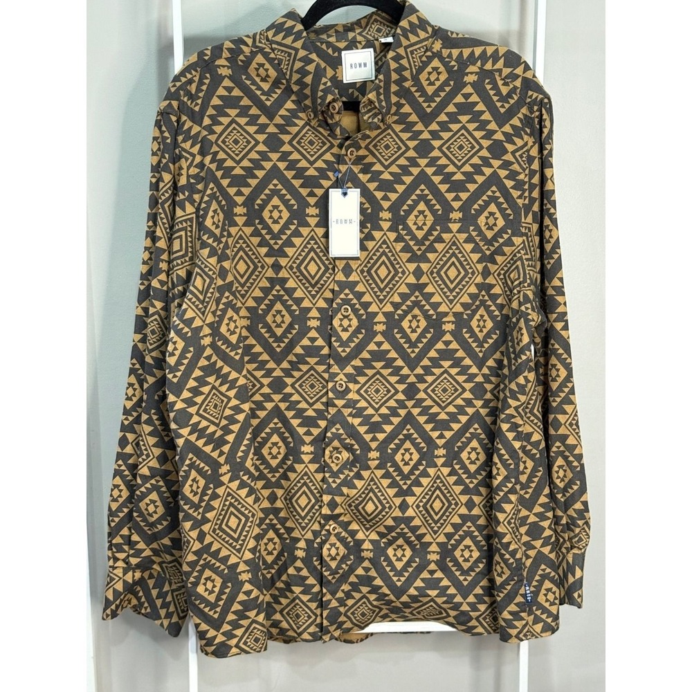 ROWM Mens XL Geometric Southwestern Print Long Sleeve Button Shirt Tan NWT